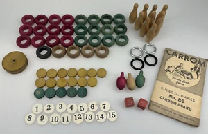 Antique Vtg Carrom Game Wood Pieces Parts Tops Metal Rings Pins Instructions - Picture 1 of 6