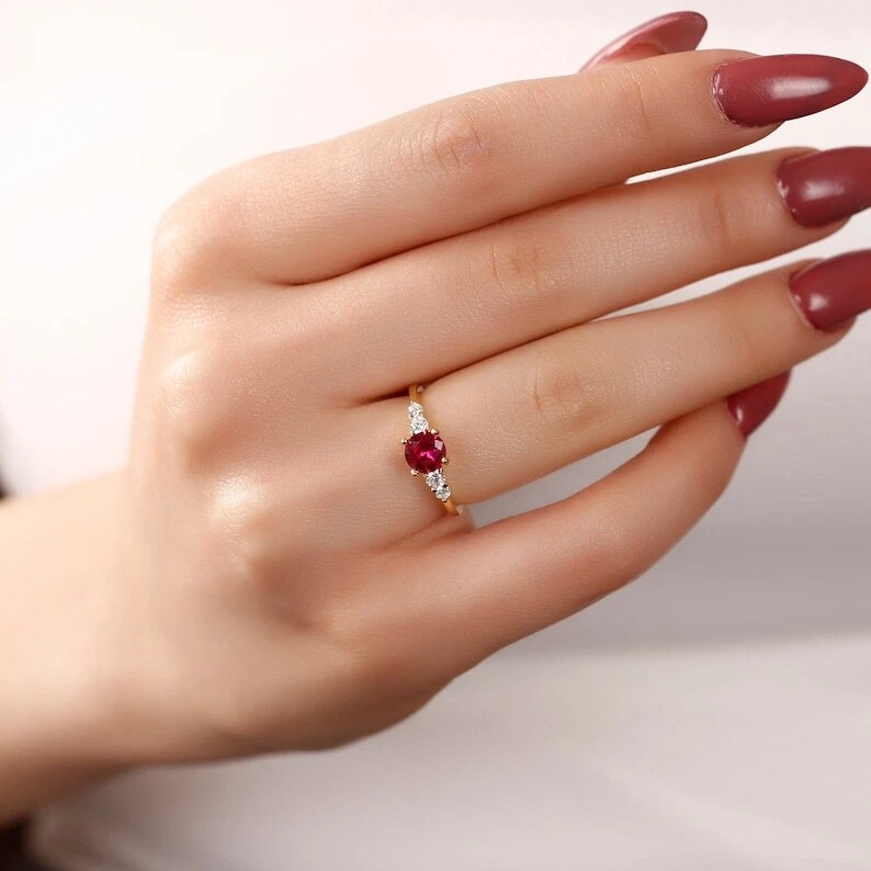 gold ring 14k Round Ruby Ring • Round Cut Ruby Ring • Ruby Birthstone Ring - Image 1 of 4