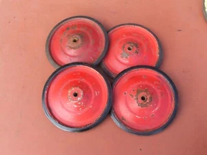 # VINTAGE  PEDDLE CAR WHEELS X 4  "RARE FIND"   3/8" HOLES. PRAM--PUSHER ETC # - Picture 1 of 2