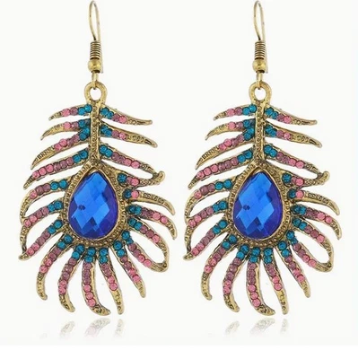 Betsey Johnson Feather Earrings Blue Rhinestone Pink Crystals Gold Tone - Image 1 of 3