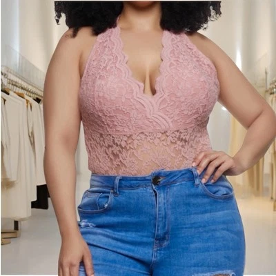 Top Body de Encaje Para Mujer Transparente Cuello Corazón Sin Mangas Espalda Corredora Rosa 3XL Foto 1 de 4
