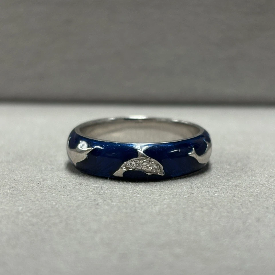 Hidalgo 18k White Gold Diamond Blue Enamel Dolphin Ring Size 7 -6.42g - Image 1 of 4