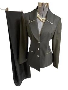 Tahari ASL Hosenanzug Gr. 10 Zweiteiler Set Taschen Schwarz Glanz Power Suit Zip - Bild 1 von 24