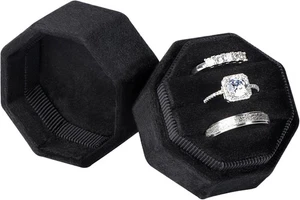 Velvet Ring Box,3 Slots Octagon Jewelry Gift Box Vintage Black - Picture 1 of 7