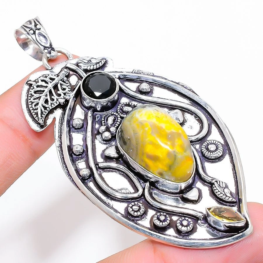 Natural  Bumble bee Jasper Gemstone 925 Sterling silver Jewelry Pendant Sz 3.1" - Image 1 of 1