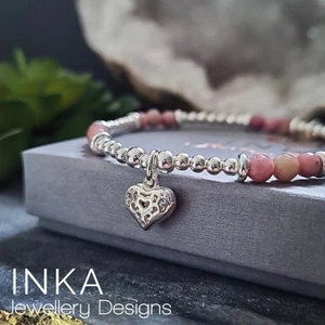 Inka 925 Sterling Silber und Rhodonit Perlen Stapelarmband mit einem HERZ Anhänger - Bild 1 von 10