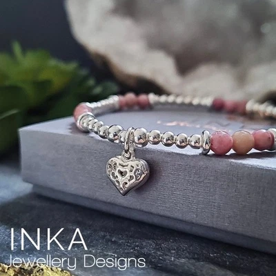 Inka 925 Sterling Silver and Rhodonite bead Stacking Bracelet with a HEART Charm - Image 1 of 4