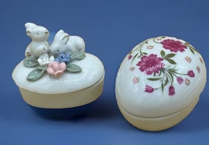 Portagioie vintage Lefton ceramica uova di Pasqua fiori rosa e coniglietto - Foto 1 di 6
