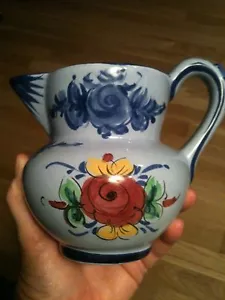 PORTUGAL SMALL BLUE HAND PAINTED PITCHER FLOWERS 5" TALL POTTERY 548 - Picture 1 of 8