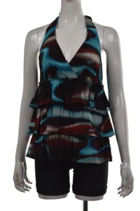 Matty M Womens Top Size S Blue Red Printed Halter Blouse Shirt Silk Casual - Foto 1 di 5