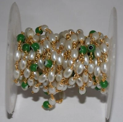 Cadena rosario de perlas de arroz de 3-4 mm con cuentas a granel, chapada en oro para hacer joyas cadena corporal Foto 1 de 4