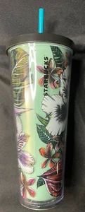 Starbucks Tropical Series Floral HAWAII VERDE AZULADO VASO 24oz Flores Florales 2017 - Imagen 1 de 7
