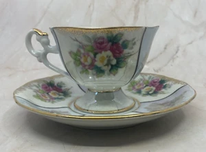 Vintage L M Royal Halsey Very Fine Footed Teacup with Saucer Roses Lusterware - Picture 1 of 17