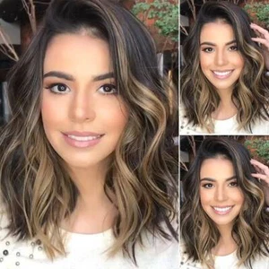 Damen Ombre Braune Gewellte Perücke Mittel Lang Gelockt Kurz Volle Perücken Wigs - Bild 1 von 5