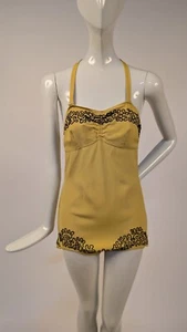 VINTAGE 1940’S YELLOW BATHING SUIT / SWIMSUIT W BLACK SOUTACHE - Picture 1 of 5