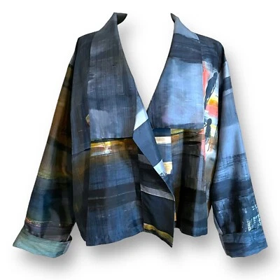 Carole Walker Womens Jacket O/S One Sz Blue Brown Art To Wear Handpainted Silk - Image 1 of 4