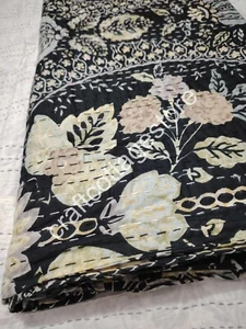 Elegante colcha edredón hecho a mano Kantha indio negro estampado en bloque tamaño king - Imagen 1 de 11