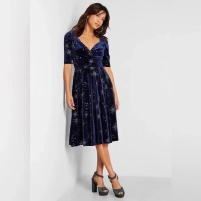 ModCloth & Collectif Blue Velvet Fireworks Print Midi Dress Retro in XXS - Image 1 of 4