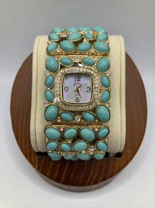 Vintage ADRIENNE Ladies 32mm Watch Faux Turquoise Rhinestone Gold Tone - RUNS - Picture 1 of 18