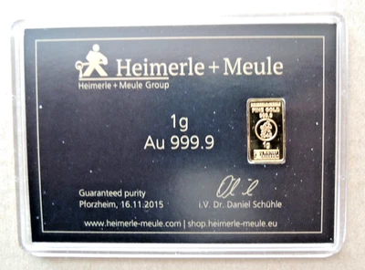 1 Gramm Goldbarren , Feingold 999,9 von Heimerle + Meule , Deutschland - Bild 1 von 2