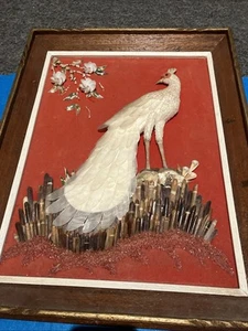 Vintage handgefertigte weiße Pfau Muschel Kunst gerahmt orientalisch 3D 19”x14” - Bild 1 von 8