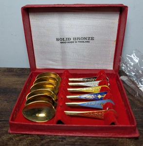 Solid Bronze Thailand Vintage 6 Enamel Multi Color Tea/Demitasse Spoons-Unused - Picture 1 of 10