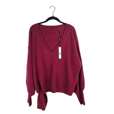 Elie Tahari Merlot Red V-Neck Tie Sweater Size XL Merino Wool Cashmere Blend New - Image 1 of 4