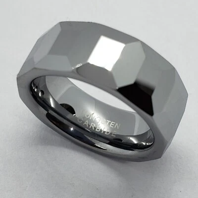 Tungsten Carbide 8mm Faceted Dome Wedding Band Ring Octagon Patterns Size 5~14 - Image 1 of 4
