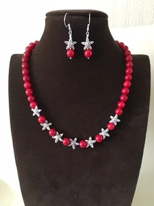 Coral beads with sterling silver stars necklace & earring set - Picture 1 of 3