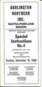16.11.1980 BURLINGTON NORTHERN Seattle Portlan Region Sonderanweisungen Nr. 4 - Bild 1 von 1