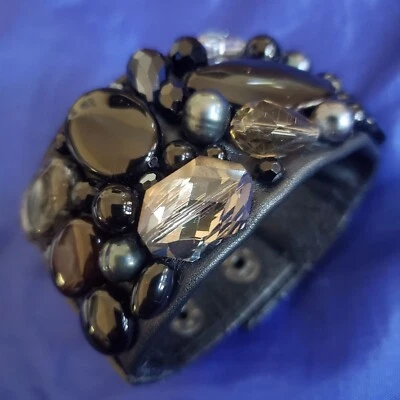 Mary M Leather Power Bracelet Pearl, Stone & Faceted Crystal Adjusts Posh Goth - Image 1 of 4