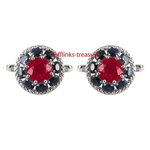 Natural Sapphire & Ruby Gemstones 925 Sterling Silver Cufflinks for Men's #1212 - Picture 1 of 3