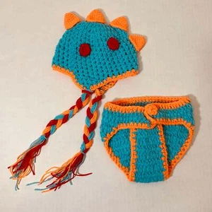 Knit Infant Photo Outfit - Dinosaur Hat and Diaper Cover - Picture 1 of 3