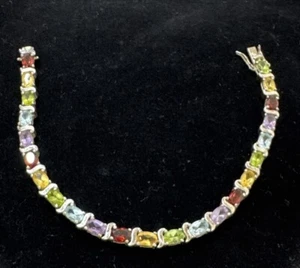 Sterling Silver 925 Multi Gemstones 7 Inch Vintage Tennis Bracelet 23 Stones - Picture 1 of 11