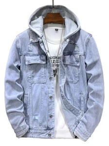 Men's Denim Jacket with Detachable Hood - Picture 1 of 5