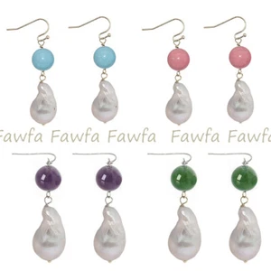 Natural White Keshi Baroque Pearl Gems Round Beads Dangle Silver Hook Earrings - Picture 1 of 11