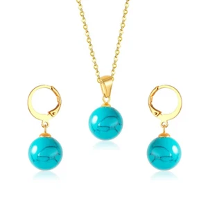 18k Gold Plated Turquoise Circular Ball Pendant Set with Earrings 3 pc - Picture 1 of 7