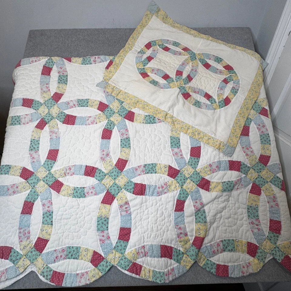 Vintage Double Wedding Ring Quilt Pastel Handmade 66x80 Nostalgic Farmhouse Set - Image 1 of 4