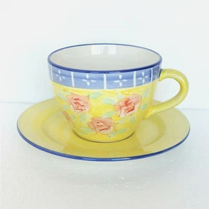 Tabletops Unlimited NEW Mug Cup & Saucer Set Flowers Hand Painted Large 16oz - Picture 1 of 10