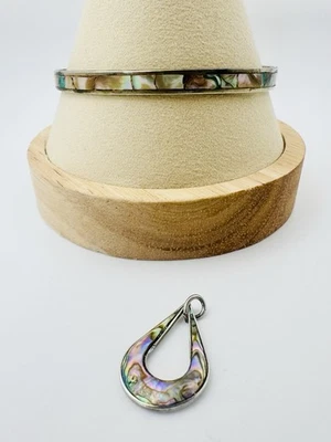 Juego de brazalete y colgante vintage con incrustaciones de abulón de plata esterlina de México Foto 1 de 4