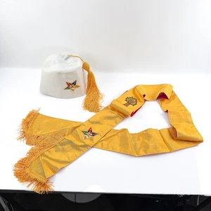 Mason ORDER OF EASTERN STAR FEZ Size 7 White Hat & Yellow Sash Asonic Supply Co - Picture 1 of 13
