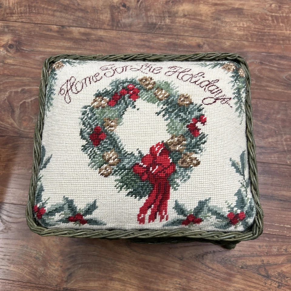 Vtg Christmas Needlepoint Footstool Green Wicker Home For The Holidays Cottage - Image 1 of 4