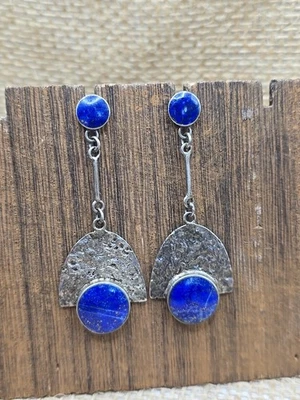 Винтажные серьги-подвески из чистого серебра с лазуритом 2,5 дюйма - Изображение 1 из 4