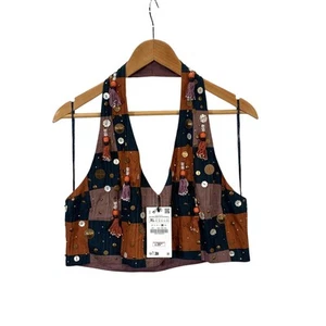 Zara Top Womens Size XL Halter Neck Boho Gypsy Hippie Festival Patchwork Beaded - Picture 1 of 11