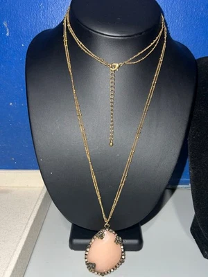 Gold-tone Multi-strand Chain Necklace w/ Oval Pink Lucite & Rhinestone Pendant - Image 1 of 4