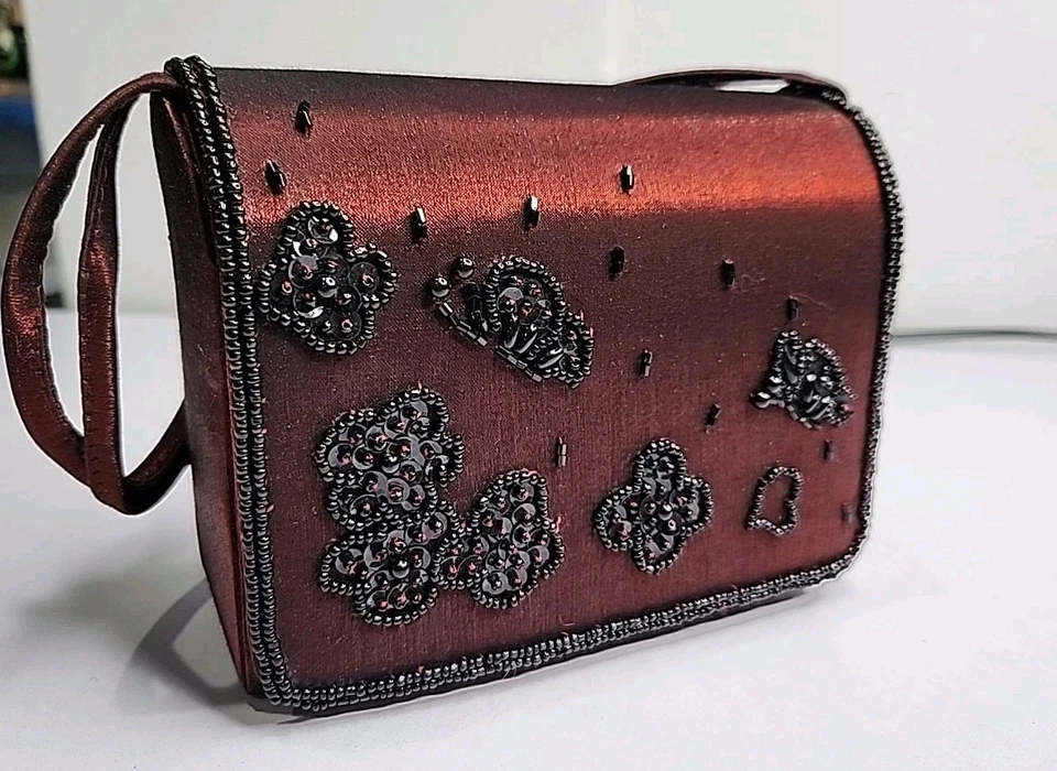 Valerie Stevens Small Dark Satin Evening Bag Clutch Or Shoulder Beaded Butterfly - Image 1 of 4
