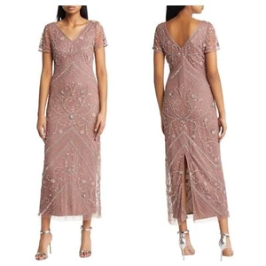 Pisarro Nights Beaded Mesh Overlay Cocktail Dress Mauve 4 NWT - Picture 1 of 9