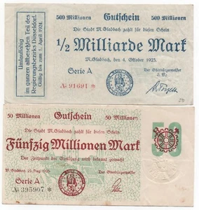 GERMANY GLADBACH 50 MIL & 1/2 BILL MARK 1923 EMERGENCY MONEY NOTGELD LOOK SCANS - Picture 1 of 2