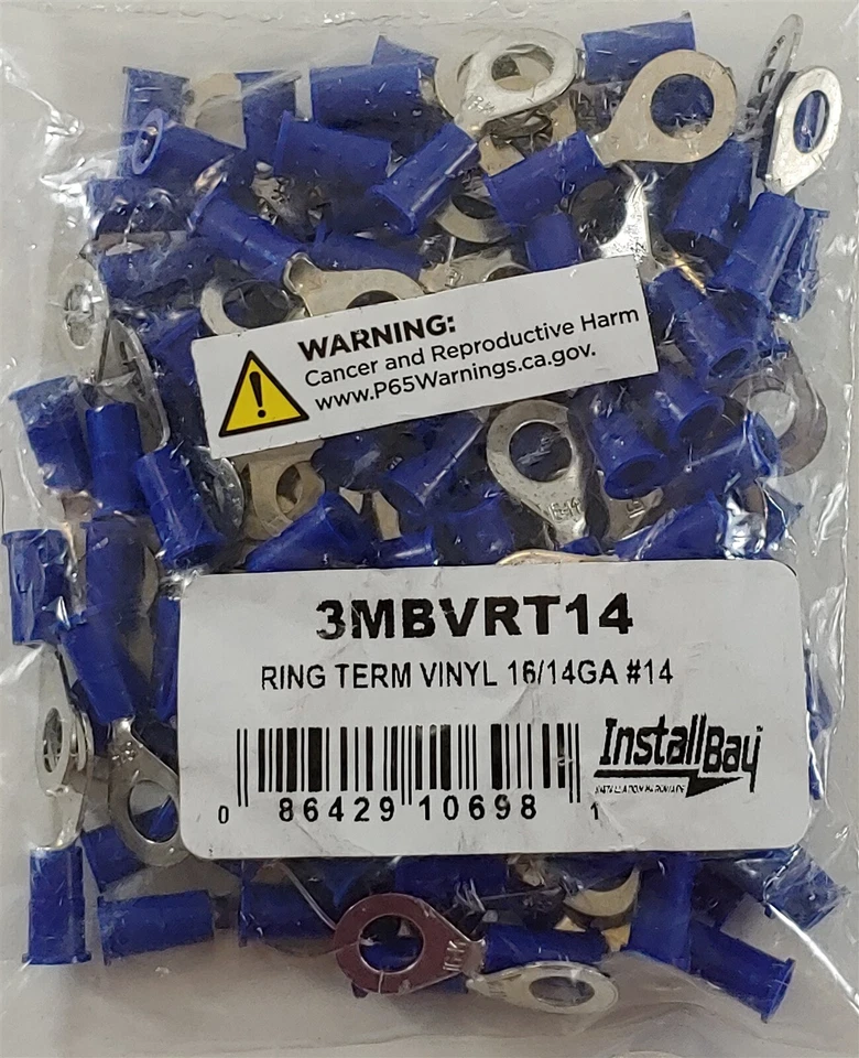 Install Bay 3MBVRT14 3M Ring Terminal Connector Vinyl 16/14 Gauge 1/4 inch-100Pk - Image 1 of 3
