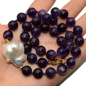 10mm Natural Purple Amethyst White Baroque Pearl Beaded Jewelry Necklace 18'' - Picture 1 of 4